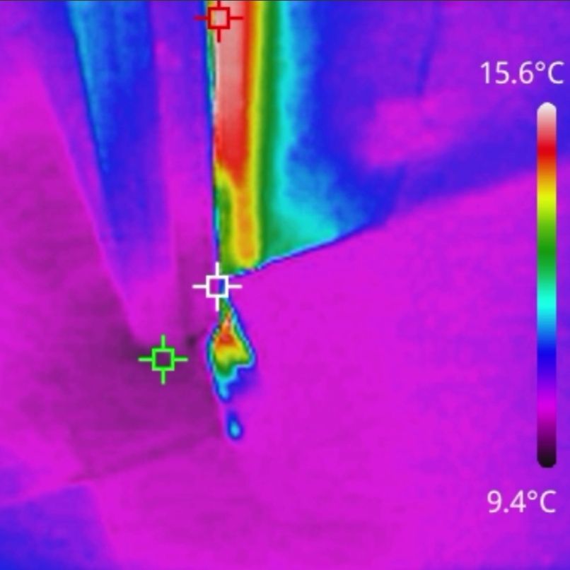 Thermal camera image showing where water is sitting in a wall